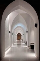 Fototapeta premium A long, elegant hallway with arched ceilings, bathed in soft light, evokes a tranquil and sophisticated atmosphere.