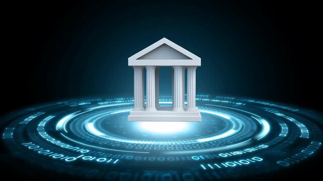 A futuristic virtual bank or online banking, symbolizing modern banking technology without branches or physical locations, operating entirely online.