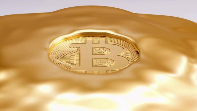A golden bitcoin at the center slowly melting into liquid, symbolizing the decline of popularity, fading value, and demand.