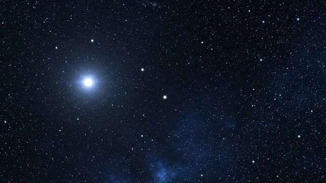 Starfield view a dark night sky dotted with bright stars and a nebula in the lower right corner