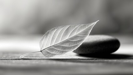 A leaf resting on a smooth stone with a blurred background, emphasizing natural and tranquil elements.