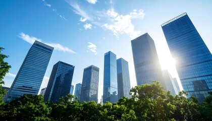 Low-angle view of skyscrapers rising above lush green trees under a bright, sunny sky