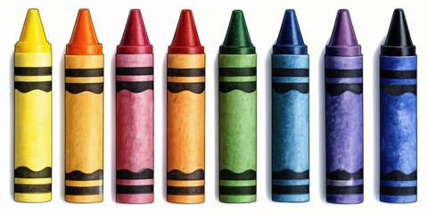 Ocho crayones de colores vibrantes alineados en una fila.