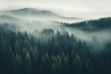 Fototapeta premium Foggy forest landscape nature trees mist.