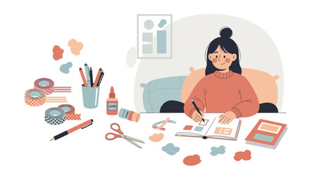 Creative young woman scrapbooking at home, a relaxing and inspiring hobby artwork