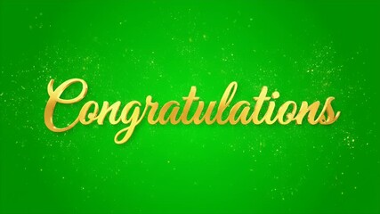 Elegant Golden Congratulations Text Animation on Green Backdrop with Sparkling Particles, Ideal for Celebrations and Events
