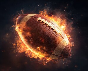 A fiery American football engulfed in intense flames and smoke against a dark background, showcasing its textured leather and laces