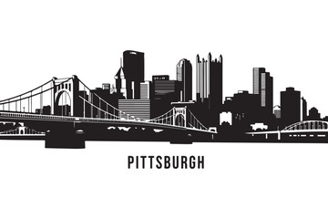Pittsburgh pennsylvania skyline silhouette isolated on white background, showcasing the citys iconic buildings and bridges in a minimalist design