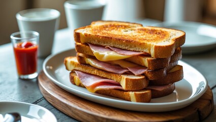 Sandwiches with ham and cheese on toasted bread served on a white plate. Breakfast or brunch meal. Comfort food. Sandwich lunch.
