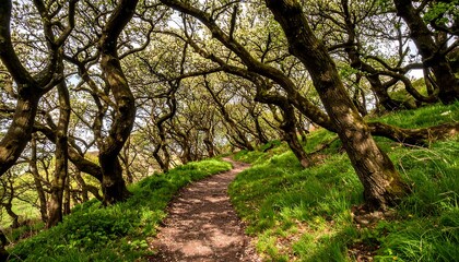 Fototapeta premium Walking Path Through Lush Woodland with Twisted Trees