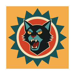 Black Cat Head With Open Mouth in Geometric Frame animal