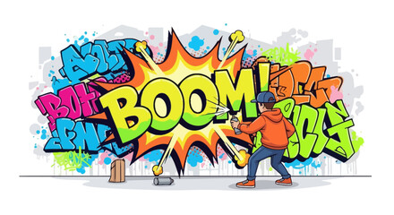 Dynamic graffiti art with bold lettering and vibrant colors creating a street style scene