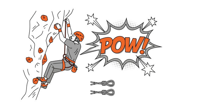 Dynamic Illustration of a Rock Climber's Ascent with Energetic Comic Book Element