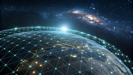 Global network connection illuminates Earth from space, connecting continents