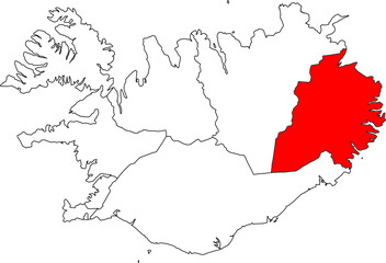Obraz premium A detailed vector map of Iceland highlighting the Austurland (Eastern Region). Ideal for tourism, geological, and demographic reports and presentations.