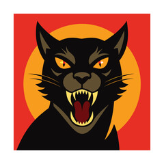 Black Cat Roaring with Orange Moon Background big cat