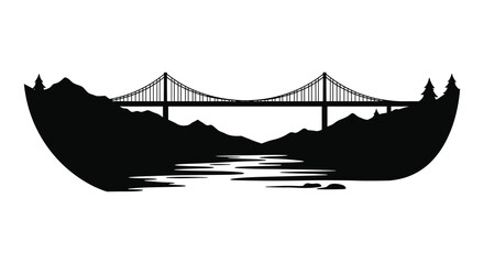 a silhouette view of bridge over river surrounded by mountains