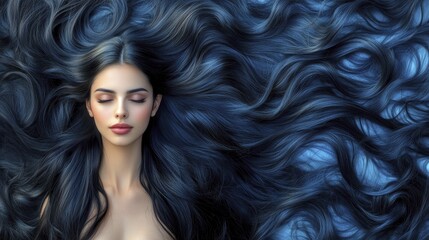 Fototapeta premium Serene woman with closed eyes, enveloped by a luxurious cascade of flowing dark blue wavy hair, captured in an elegant overhead beauty portrait.