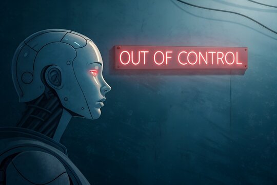 Ai robot with glowing eyes and out of control neon sign