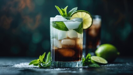 Fototapeta premium A refreshing iced drink with ice cubes, lime slices, and mint leaves, served in a glass. Fresh limes and mint leaves on a dark surface, with a blurred background.