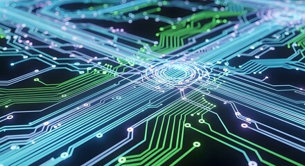 Abstract visualization of a glowing digital circuit board with intricate pathways and connections, representing data flow and technology.