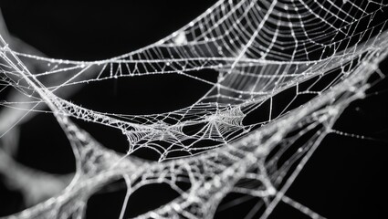 Close-up of spider web with detailed silk threads against a dark background.