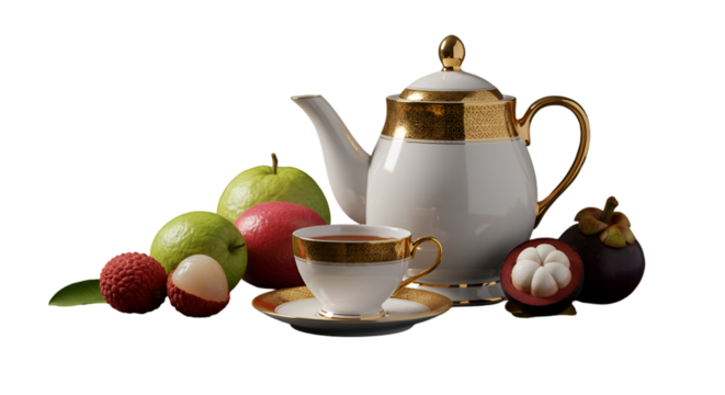 A vibrant tea time display featuring exotic fruits and an ornate tea set embodying luxury and healthy indulgence against