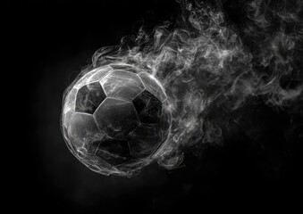 Naklejka premium A grayscale soccer ball, seemingly composed of smoke, streaks across a black background, leaving a smoky trail