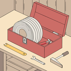 Isometric Illustration of Red Toolbox with White Discs and Metal Tools on Wooden Table
