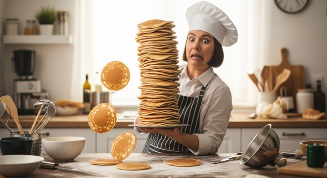 Clumsy Chef with a Leaning Stack of Pancakes, Looking Shocked and Inept in a Kitchen