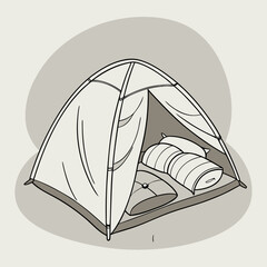 Line Art Illustration of a Cozy Camping Tent with Sleeping Bag and Pillows