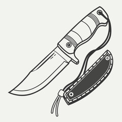 Line Art Illustration of a Fixed Blade Knife and Sheath