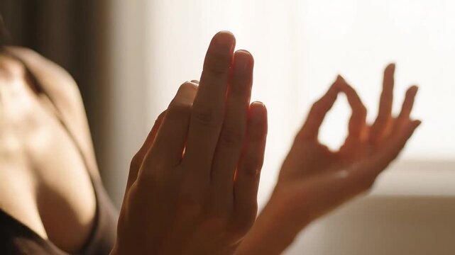 Mindfulness meditation practice in sunlit room, focused breathing and hand mudras to reduce stress