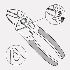 Line Drawing of Grey Pliers with Detailed Close Ups