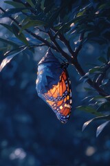 Una crisálida de mariposa monarca revela sus colores vibrantes.