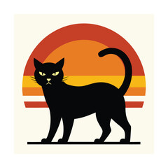 Black Cat Silhouette Against Sunset Stripes Background Keywords: cat, black cat, silhouette