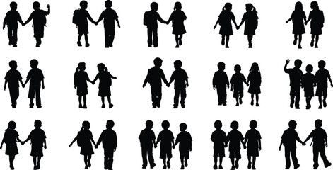 Silhouette of school children walking, holding hands, back to school concept, teamwork, friendship, students together, education, vector illustration.