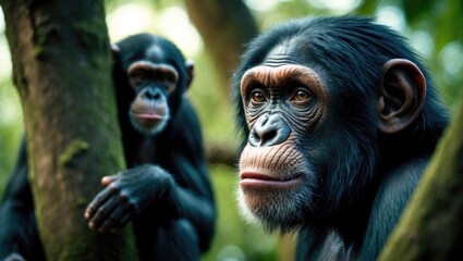 Two chimpanzees in a forested environment.