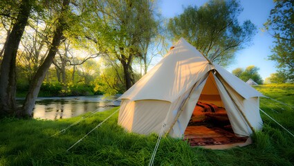 White Tent by a Tranquil River in Green Summer Landscape