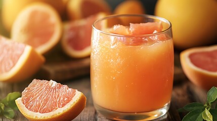 Glass of grapefruit juice with fresh fruit and ice beverage drink photo