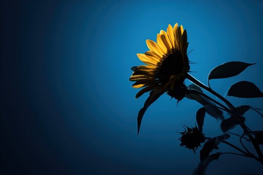 Una girasol marchito contra un fondo azul oscuro, evocando una sensaci&oacute;n de nostalgia y belleza ef&iacute;mera.