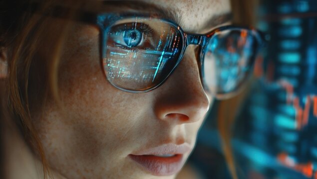 Close-up of a woman wearing glasses, reflected digital data visible - Powered by Adobe