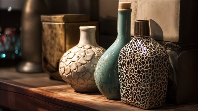 Tres jarrones de cer&aacute;mica con dise&ntilde;os intrincados, iluminados por una luz c&aacute;lida y misteriosa.