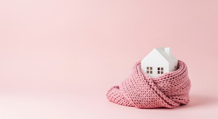 Home Insulation Concept Cozy House Model Wrapped in Pink Scarf for Winter Warmth Energy Efficiency and Protection from Cold Weather