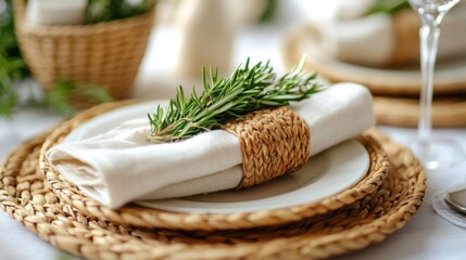 Beautiful table setting with fresh rosemary on white wooden table, closeup.