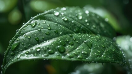 Close-up of a dew-covered, dark green leaf