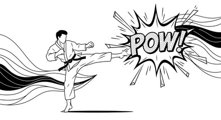 Dynamic karate kick illustration with comic book elements and energy waves design