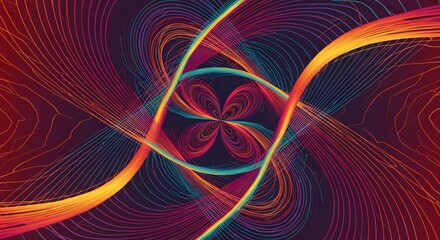 Vibrant abstract digital art with swirling, symmetrical lines of light forming a kaleidoscopic pattern.
