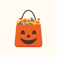 A cheerful jack-o'-lantern candy bag filled with colorful Halloween treats is depicted in this illustration.