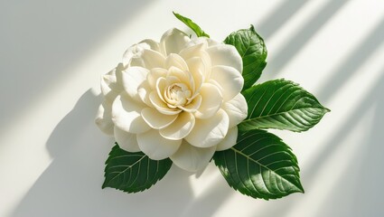 White flower with green leaves and shadow on a light background. Nature and floral concept. Beauty and elegance. The concept of floral beauty and botanical elegance.